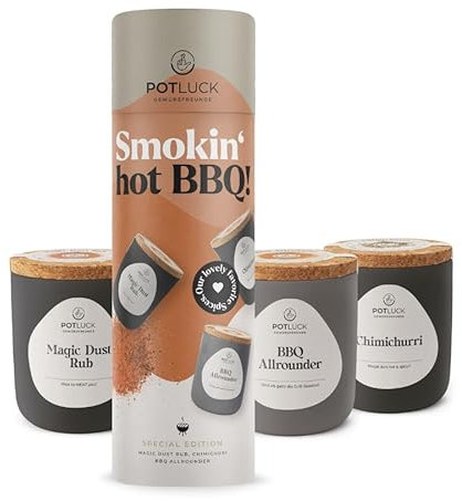POTLUCK I Hot BBQ 3er Gewürzset I 3 erlesene BBQ & Rub Grillgewürze I Besondere Gewürze Set für ihn I Wiederverwendbarer Keramiktopf I Gesunde Ernährung, Lecker Essen für zu Hause