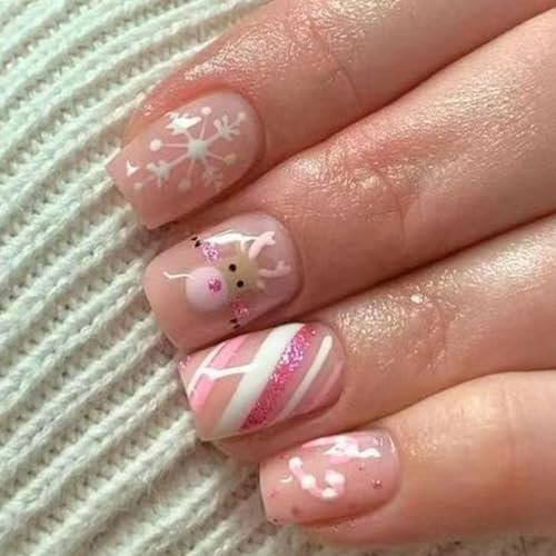 Ceboic 24 Pcs Rosa Weihnachten Press on Nails, Kurz Eckig Künstliche Nägel French Nägel Zum Aufkleben mit Cute Elchstock Schneeflocken Design, Acryl Full Cover Kunstnägel Fake Nails für Frauen Mädchen