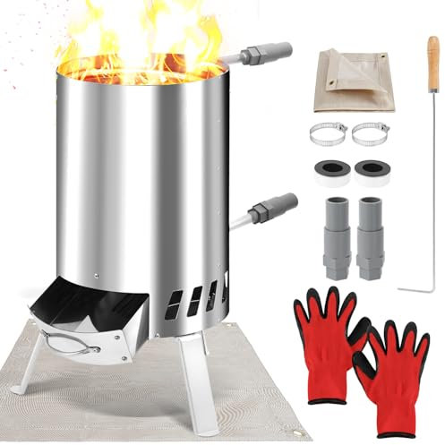 Fiqops Calefacción para piscina de leña con fuego, calentador de piscina de acero inoxidable con barril de fuego, estufa de piscina con conexiones de 32 – 38 mm, calefacción de piscina exterior de