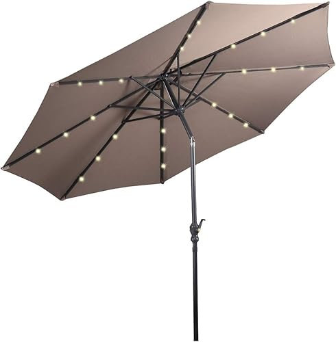 GOPLUS Parasol de Jardin Exterieur 3M, Inclinable 8 Baleines, Lumineux Solaire 24 LED, Manivelle, Anti-UV, Grand Parasol en Métal pour Plage Balcon Patio, Base Non Incluse (Marron)