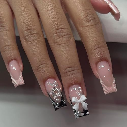 3D Handmade French False Nails with Charms, Medium Long Square Press on Nails, Cute Bow Pearl Heart Natural Acrylic Stick on Nails, Removable Glossy Manicure Kit for Women Manicure Decoration