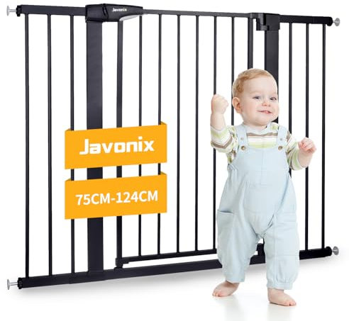 Javonix Treppenschutzgitter ohne Bohren, Extra Hoch 92 cm Höhe, 75-124 cm Breite, Türgitter Baby mit 3 Verlängerungen und 2 Y-Spindeln, für Kinder, Hunde und Katzen, Auto-Close & 90° Stopp - Schwarz