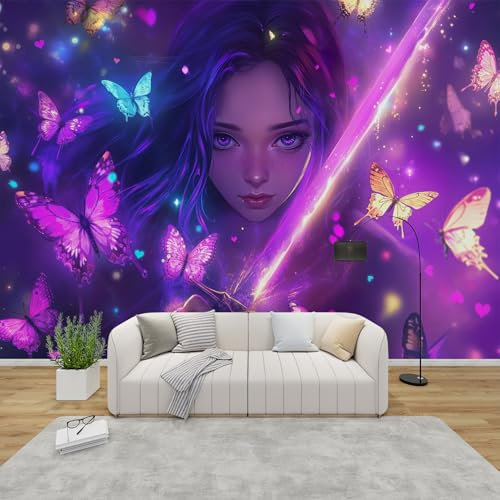 QEODAH Anime Girl Mural Wallpaper for Living Room, Colourful Butterfly Wall Art for Bedroom, Girls Neon Wall Murals for Bedrooms, Renter Friendly Removable Waterproof Photo Wallpaper 3D, 150x105 cm