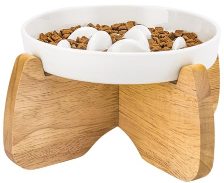 GUWINA Keramik Anti Schling Napf Katze Erhöht, 16 cm Breite Antischlingnapf Katze für Trockenfutter und Nassfutter, Flache Slow Feeder für Katzen mit Ständer, Spülmaschinenfest (Weiß)