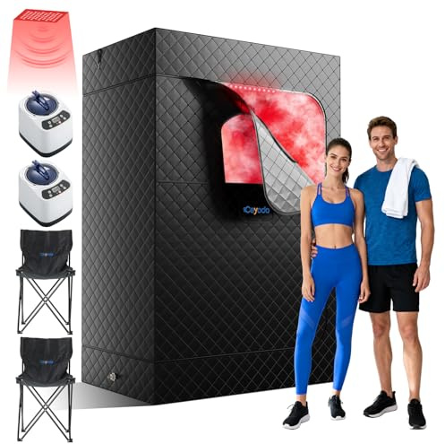 Ceyodo Caja de sauna infrarroja mejorada para 2 personas, sauna portátil de 77 x 37 x 50 pulgadas, con terapia de luz roja de 660 nm y 850 nm, 5 capas impermeables, 2 vaporizadores, 2 sillas plegables