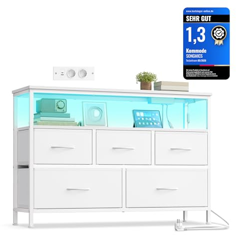 SONGMICS Commode, avec LED et Prises, 5 Tiroirs en Tissu, Étagère Ouverte | Meuble de Rangement, 98,7 x 30 x 68,1 cm, pour Chambre, Salon, Blanc nuage, Collection BELLAH LGS723WH01