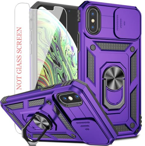 AYMECL Iphone XS Max Case,with Slide Camera Cover & HD Screen Protector, Heavy Duty Shockproof Protective Case with Rotated Ring Kickstand for Iphone XS Max,Purple