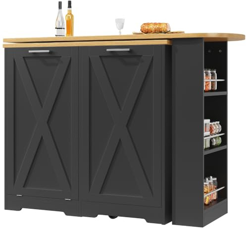 Zenithz 360° Drehbarer Bartisch & Sideboard Schwarz (138-203 cm), L-Form Küchentheke mit 3D-Türdesign, Hoher Küchenschrank mit Klapp-Fach, Modernes Design, MDF [2 Pakete]