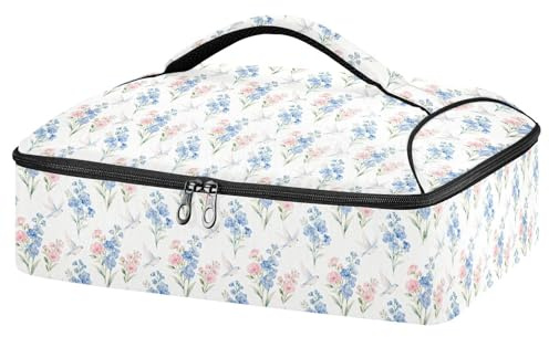 GuoChe Lasagna Lugger Tote Waterproof & Stain Resistant Utensil & Napkin Storage Outdoor Food transporting Fits Pizza & Casserole Blue Blush Floral Bird Fabric