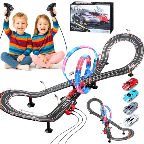 EFFILUMLUX Circuit Voiture Electrique Lumineuse 1:64 Piste - 4 LED Voitures | Circuit Voiture Enfant-Prise, Compteur Tours, LED 360° Cercle, Télécommandes, Piste Voiture Enfant 6-12 Ans Jouets Cadeau L