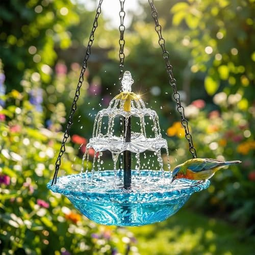 Fontaine Solaire,Fontaine Solaire Oiseaux,Abreuvoir Suspendu pour Oiseaux avec Cascade de Fontaine Solaire,Abreuvoir Suspendu pour Colibris avec Pompe Solaire,Eau Suspendue,Attire Les Colibri (Bleu)