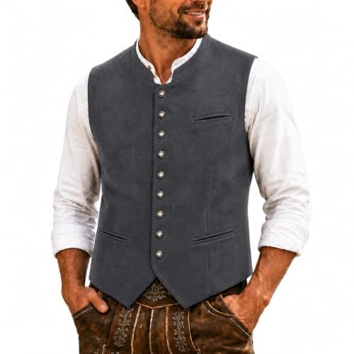 Trachtenweste Herren für Oktoberfest Outfit, Weste Herren Tracht mit Stehkragen, Knopfleiste und Taschen, Trachten Weste Männer für Wiesn Volksfest Hochzeit