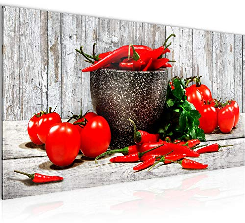 Runa Art Wandbild Küche - Gemüse 1 Teilig 100 x 40 cm Modern Bild auf Vlies Leinwand Holz Esszimmer Küchenbilder Weiss Rot 005812b