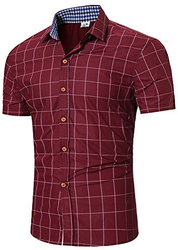 Chemise Homme à Carreaux Manches Courtes Slim Fit Infroissable sans Repassage Pas Cher T Shirt De Business (M, Rouge vin)
