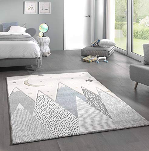 Kinderteppich Teppich Kinderzimmer mit Bergen in Pastel Blau Grau Größe 200 x 290 cm