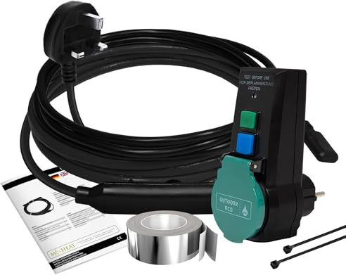 Mi-Heat 10 m Frostschutz-Heizkabel selbstregulierend mit FI-Schutzschalter | Mit FI-Personenschutzstecker, Thermostat 3–12 °C, 230 V, 15 W/m und IP67; für Wasserleitungen, Dachrinnen und Tiertränken