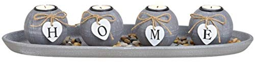 Deko Tablett mit 4 Teelichthalter - Home mit Steinen aus MDF (grau) Breite 50cm x Höhe 10cm x Tiefe 18cm – Kerzenhalter Kerzenständer Tischdeko Landhausstil Geschenkidee