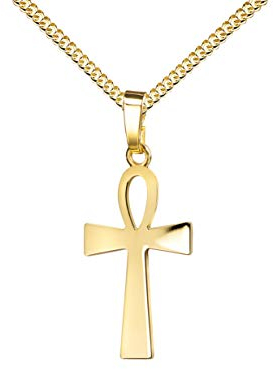 JEVELION Kreuz-Anhänger mit Panzer-Kette vergoldet Henkelkreuz Ägyptisches Kreuz für Damen, Herren und Kinder in hochglanz poliert Goldkreuz als Kettenanhänger 750 Gold 18 Karat + Schmuck-Etui