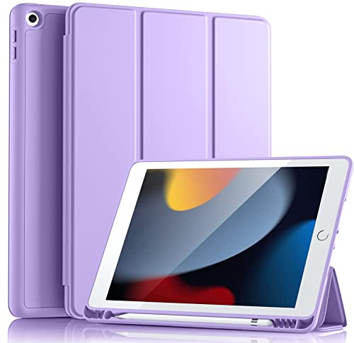 Vobafe Hülle Kompatibel mit iPad 9 8 7 Generation(10.2 Zoll, Model 2021/2020/2019,9./8./7.), Weiche TPU Rückseite Abdeckung Klappständer Schutzhülle mit Stifthalter, Auto Schlafen/Wachen, Lavendel