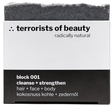 terrorists of beauty - Dusch-seife, Gesichts-seife und Haar-seife block 001 Kokosnuss-Kohle & Zedernöl – 100g - Naturseife ohne Plastik, Vegan, Palmölfrei, Tierversuchsfrei