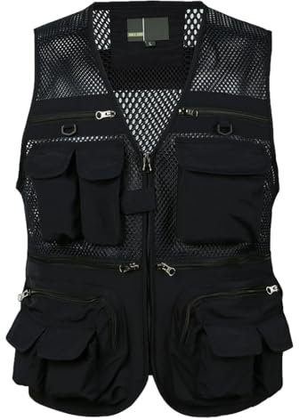 HZQIFEI Herren Outdoor Ärmellos Weste Freizeit Angler Camping Wandern Weste mit Vielen Praktischen Taschen MJ08 (Schwarz, L)