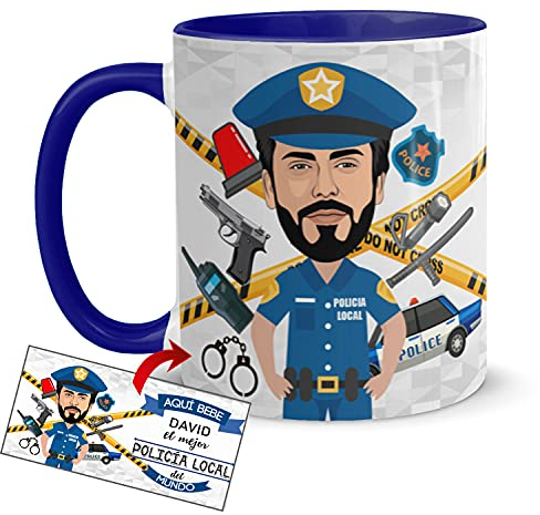 Kembilove Tazas Desayuno con Caricaturas Personalizadas y Nombre – Tazas de café Personalizadas Aquí bebe el Mejor Policía Local del Mundo – Regalos originales
