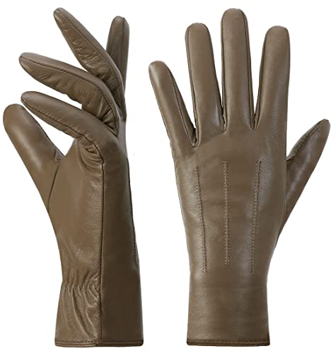 Harssidanzar Damen Lederhandschuhe Winter Warmes Kaschmirfutter Touchscreen Vintage Finished GL017EU,Khaki,Größe L