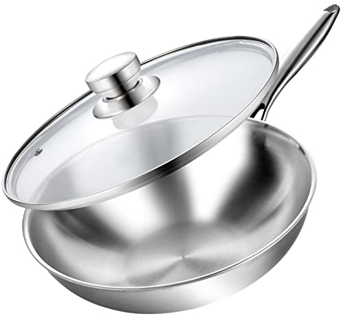 LOLYKITCH Tri-Ply 13 Inch Stainless Steel Wok Pan with Lid, Stir-Frying Pan,Induction Wok,Dishwasher and Oven Safe,Heavy Duty and Detachable handle.