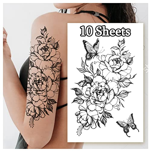 LEADTEAM 10 Blätter Temporäre Tattoos, Fake Tattoos 3D Rose Tattoo Schmetterling Tattoo Klebe Tattoo, Wasserdicht Arm Tattoo Klebetattoos Tattoos Erwachsene Tatoos Aufkleben Damen Fake Tattoos Frauen