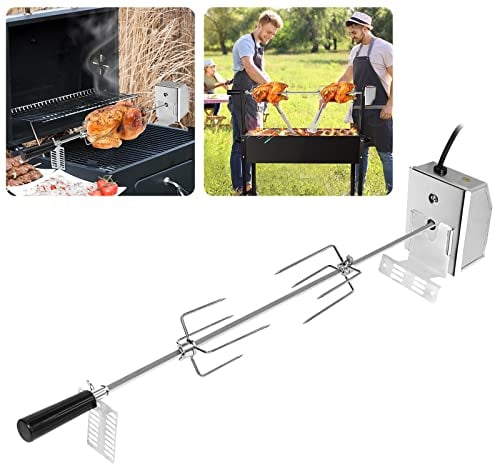 UISEBRT Set di spiedo per barbecue, 107 cm, in acciaio inox, con motore, 220 V - 240 V, con 2 aghi per carne