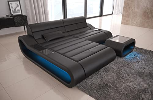 Sofa Concept L Form kurz in Leder - mit LED Beleuchtung, ergonomische Rückenlehnen, Recamiere/Lederfarben wählbar/Ausrichtung Ottomane wählbar (Ottomane Links, Black)