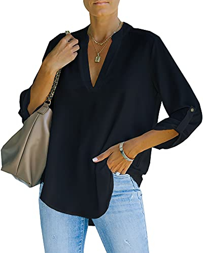 NONSAR Chemisier élégant à col en V pour femme Henley Chemisier ample à manches enroulables, Noir , L