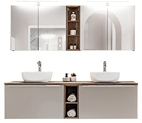 Lomadox Badmöbel Komplett Set, Taupe mit Vintage Eiche, 180cm Doppel-Waschtischunterschrank mit 2 Waschbecken, 2 LED-Spiegelschränke, Regale