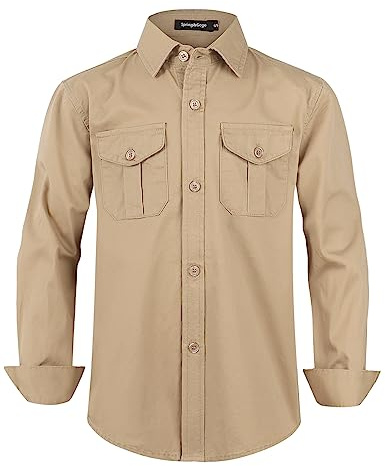 Spring&Gege Jungen Langarm Button Down Hemden Baumwolle gewebt Zwei Taschen Shirts für Kinder