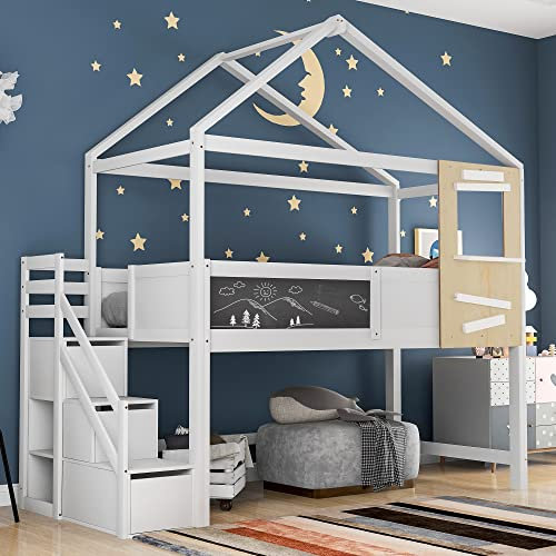 MYBOO Hausbett, Kinderbett, mit Treppe und Fenster, mit Lattenrost, Treppe mit 3 Schubladen, weiß (200x90 cm)