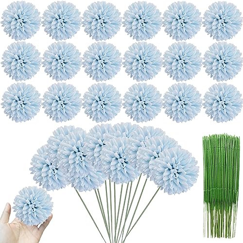 HinyoCo 30 Pcs Artificial Chrysanthemums Heads Ball Flowers,Silk Chrysanthemum Ball Bouquet White Bouquets Hydrangea for Home Office Coffee House Parties and Wedding (Light blue)