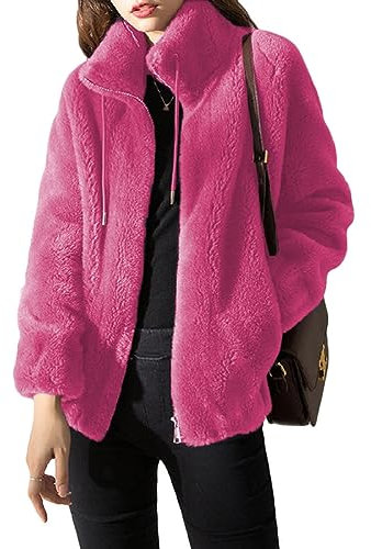 Tomwell Manteau Femme Hiver Veste Polaire Outwear avec Poches Sweatshirt Manches Longues Col Montant Couleur Unie Femme Cardigan Zip Polaire A Rose Rouge 3XL