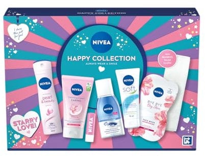 NIVEA Happy Collection Skincare Gift Set, Women's Gift Set with Anti-Perspirant, Facial Cream, Lip Balm, Eye Make-Up Remover, Moisturiser, Face Mask, Wash Cloth