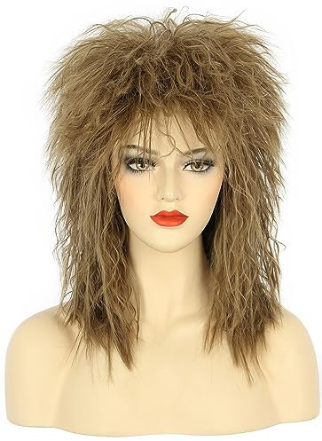 karlery Damen Männer Lange Lockige Hellbraun Perücke 70er 80er Jahre Rocker Vokuhila Kostüm Halloween Cosplay Party Perücke
