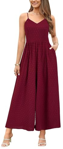 LAISHEN Jumpsuit for Women UK Playsuits Wide Leg Dressy Pants Overall Ladies Summer Casual Dungarees Romper with Pockets (Wine, XL)