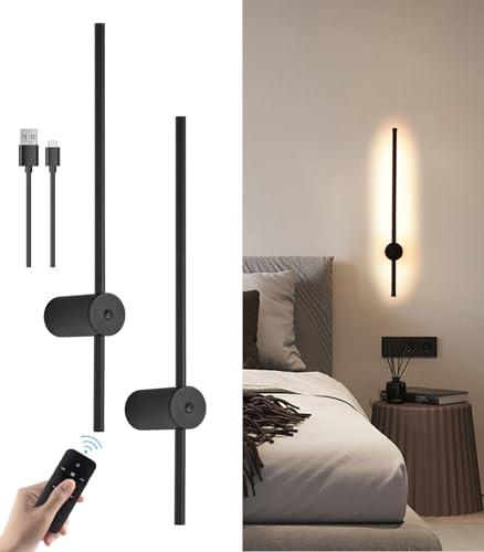 Applique Murale Batterie Interieur, USB Rechargeable Lampe Murale Sans Fil à Piles, Applique Murale LED Dimmable avec télécommande, Rotation à 360°, Appliques pour Salon Chambre Couloir, Noir 60CM