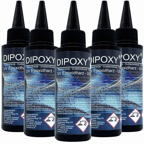 UV-Epoxidharz resin schnellhärtendes epoxy (30-90sek. mit UV Lampe) transparent kristallklar DIY in Profi Qualität 5x100ml (500ml)