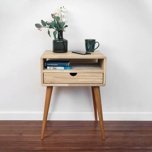 Ultimate Premium Products Mid-Century Nachttisch mit Schublade, massiver Nussbaum, Nachttisch, Organizer, einzigartiger Stil, handgefertigte Schlafzimmermöbel, Eiche