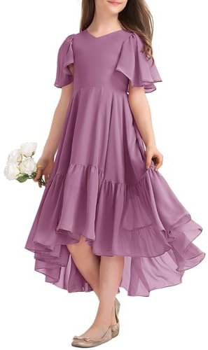 Haloumoning Robe d'été pour fille - Col en V - Robe à volants - Décontractée - Robe trapèze - Robe de soirée longue et élégante, lilas, 160 cm