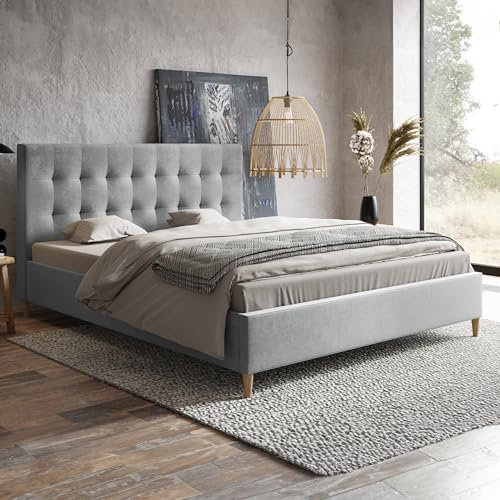 MOTIVENA Flora Polsterbett 120x200 mit Füßen, Bett 120x200 mit lattenrost, Polsterbett 120x200 ohne Bettkasten, Polsterbett 120x200 Samt, mit Kopfteil, ohne Matratze, Grau (Hellgrau)