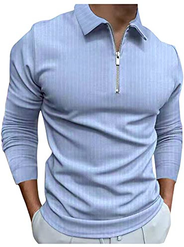 Men'S Long Sleeve Polo Shirts Casual Zipped Polo T-Shirts Breathable Striped T Shirts Plain Golf Tennis Tee Business Work Tops Long-Sleeved T Shirt Slim Fit Outdoor Sport Shirts Everyday Wear