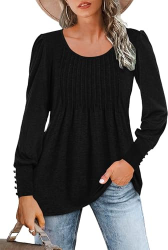 WNEEDU Langarmshirt Damen Rundhals Locker Bluse Plissee Oberteile Tunika Tshirt Lässige Tops mit Puffärmel Elegant Tuniken (Negro,L)