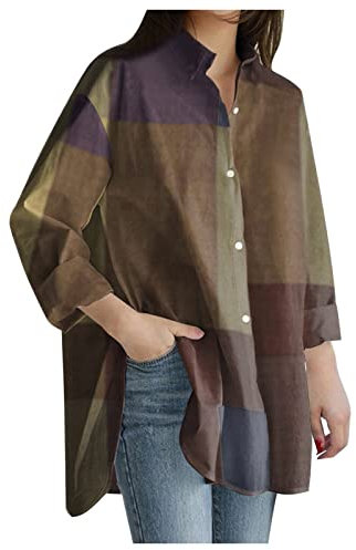 Chemise à carreaux pour femme - Grande taille - Manches longues - Classique - Style vintage - Chemisier ample décontracté rétro polyvalent en flanelle - Pour le travail quotidien, kaki, L