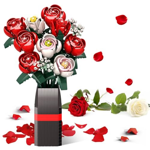 Set de Construcción de Ramos de Flores con Jarrón, 841 PCS Ramo de Flores Sets de Construcción, Rosas Set de Flores Artificiales Rojas, Regalo San Valentín/Cumpleaños/Día de la Madre