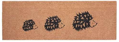 Extra Long Printed Coir Doormat 40x125cm Non-Slip Backing Large Natural Runner for Hallway Entrance Indoor Outdoor Dirt Trapping Heavy Duty Coconut Fibre Mat [Hedgehog Family]